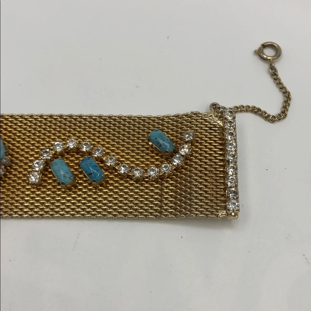 Vintage Gold Tone Mesh Cuff Bracelet Faux Turquoise Rhinestone Statement - Picture 6 of 7